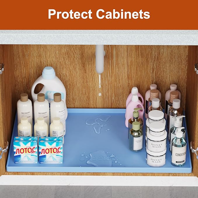 Extra Thick Silicone Mat Waterproof with Raised Edge 34" x 22", Under Sink Mat for Kitchen & Bathroom, Kitchen Cabinet Liner, Multi-Purpose for Storage & Protection, Blue