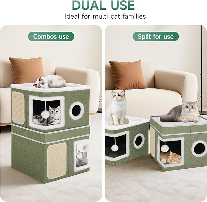 2-Storey Cat House for Indoor Cats, Separate Into 2 Large Cat Bed Cave with Hideaway Condos, Scratch Pads, Hanging Balls, Foldable Indoor Cat House, Cat Cube for Multiple Cats Kitten, Green
