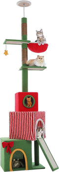 PETEPELA 83-108'' Floor to Ceiling Christmas Cat Tree for Large Indoor Cats, Tall Cat Tower with Adjustable Height with 3 Large Cat Condos, Cozy Hammock, Scratching Posts, Green/Red