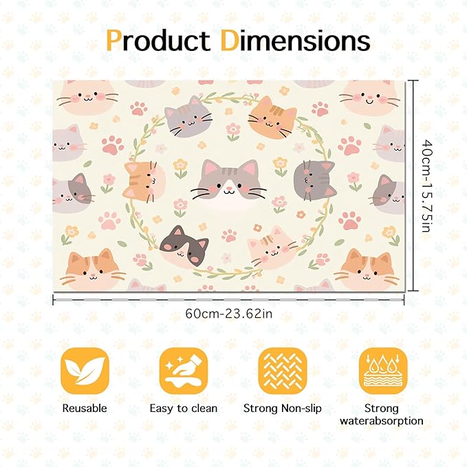 Cat Feeding Mat 24x16 inch Floral Ring Kitten Print Pet Bowl Placemat Non Slip Floor Mat for Food and Water Indoor Kitty Feeding Station Cute Meal Pad for Small Pets Kitchen Use