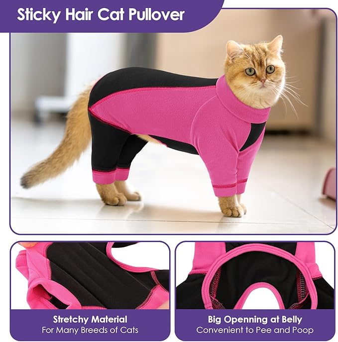 SUNFURA Hair Sticky Cat Clothes, Cat Sweater for Cats Only, 4-Legged Fleece Sweaters Kitten Pajamas Reduce Shedding Fur, Warm Pullover Shirts for Cats, Pink XL