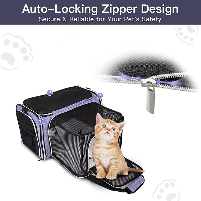 BAGLHER Expandable Cat Carrier with Travel Litter Box, Pet Travel 5 Sides Open Doors 3 Sides, Leak-Proof and Collapsible, for Car, Airplane Trip, Purple
