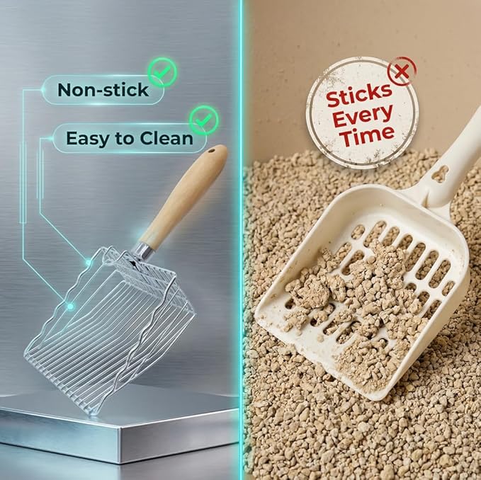 2 Pack Metal Cat Litter Scoops, Heavy-Duty Kitty Scooper with Hook, Stainless Steel Kitten Poop Lifter for Litter Box, Speed Sifter with Comfortable Beech Wood Grip