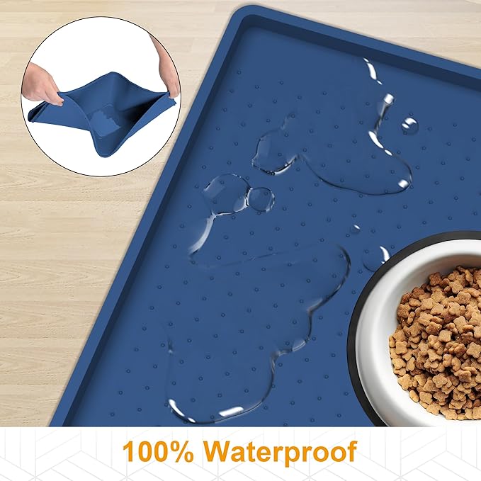 Mofason Pet Food Mat Waterproof Dog Mat 24”x16” Large – 0.5” inch Raised Edge, Pet Cat Silicone Feeding Placemat Water Bowl Tray for Floors, Nonslip Washable Dog Mat for Food and Water
