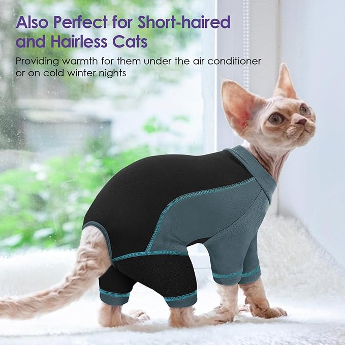 SUNFURA Hair Sticky Cat Clothes, Cat Sweater for Cats Only, 4-Legged Fleece Sweaters Kitten Pajamas Reduce Shedding Fur, Warm Pullover Shirts for Cats, Green XL