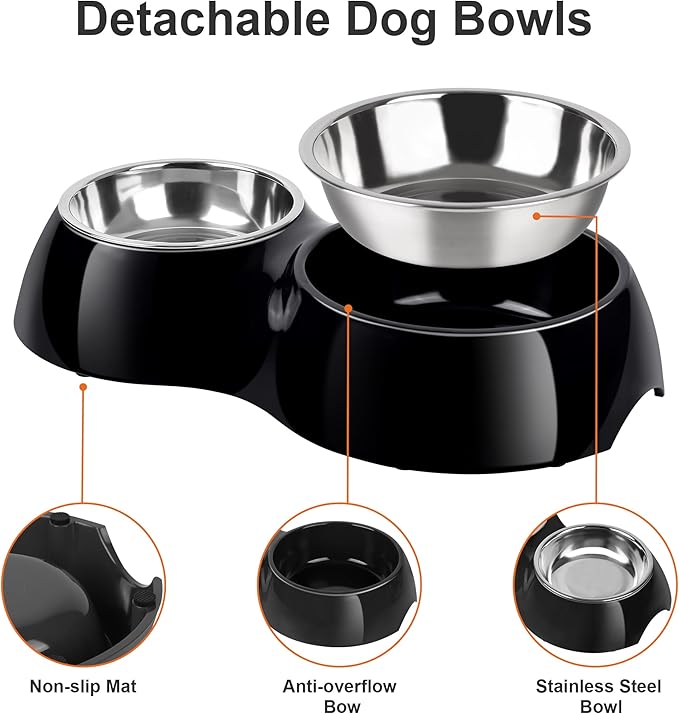 Double Dog Bowls Set – Non-Slip Pet Food & Water Dishes with Resin Stand, Includes Small (1 Cup) & Medium (2 Cups) Bowls – Ideal for Puppies and Cats –Black