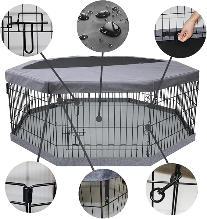 PETIME Foldable Metal Dog Exercise Pen/Pet Puppy Playpen Kennels Yard Fence Indoor/Outdoor 8 Panel 24" W with Top Cover and Bottom Pad (Playpen+Bottom+Top Cover, 8 Panels 24" H)