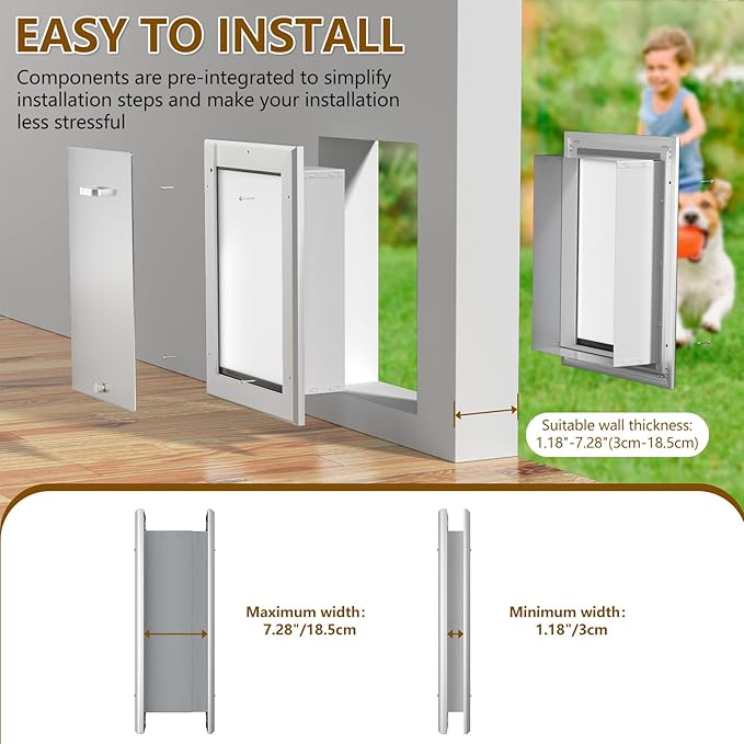 Ownpets Aluminum Dog Door for Wall and Door, Double Flap Energy Efficient, Telescoping Tunnel and Lock Panel, Heavy Duty Doggy Door for Dogs Up to 40lbs, Medium