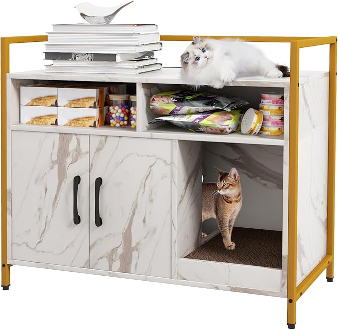 Giantex Cat Litter Box Enclosure - Cat Washroom Hidden Furniture with Front Entry, Scratcher, 2-Door Storage Cabinet, 2 Compartments, Air Vents, Metal Frame, Wooden Pet Crate House (Marble White)