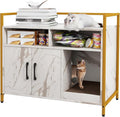 Giantex Cat Litter Box Enclosure - Cat Washroom Hidden Furniture with Front Entry, Scratcher, 2-Door Storage Cabinet, 2 Compartments, Air Vents, Metal Frame, Wooden Pet Crate House (Marble White)