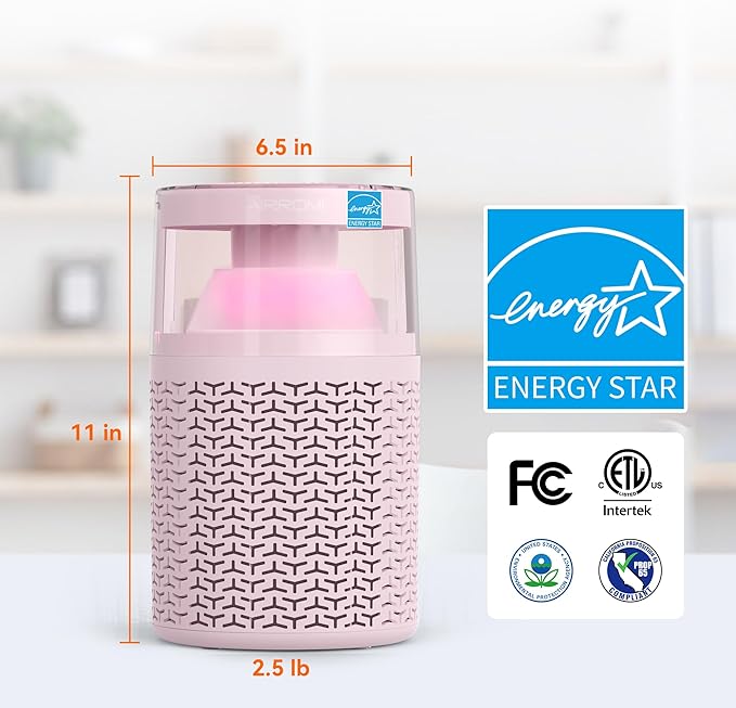 AIRROMI Pet Air Purifier for Home & Bedroom, HEPA Activated Carbon Filter, Removes Pet Dander & Odor, Allergies, Smoke, Hair, Night Light, Fragrance Sponge, Up to 658 ft², A2002 Pink