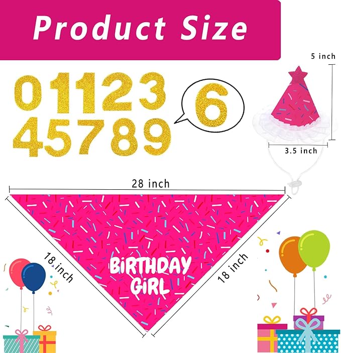 Dog Birthday Bandana Set, Rose Pink Birthday Girl Decorations, HBD Party Supplies with Hat Bandana Numbers for Pets (Pink)