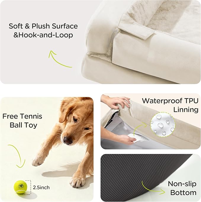 Orthopedic Dog Bed for Extra Large Dogs, XXL Waterproof Egg Crate Memory Foam Pet Bed Bolsters with Removable Washable Cover & Non-Slip Bottom, Tennis Ball Toy, 45x35
