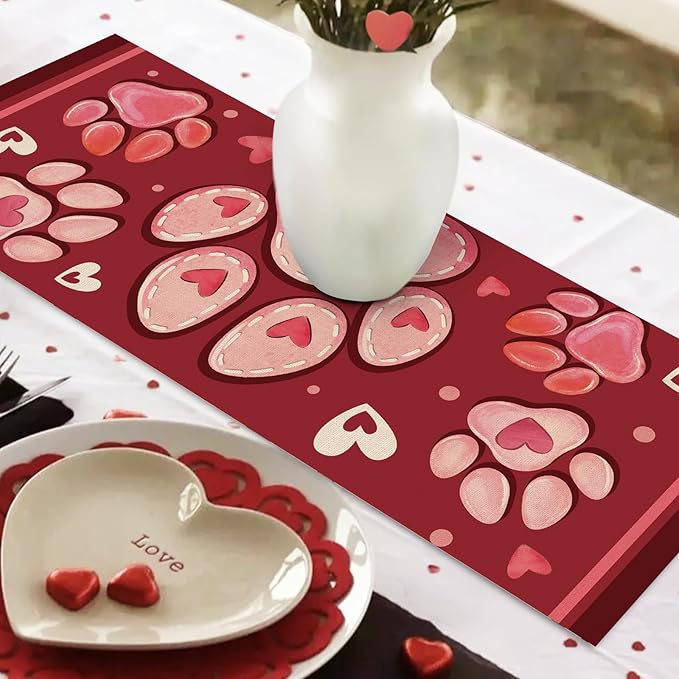 Valentines Day Dog Cat Paw Prints Table Runner, Red Love Hearts Kitchen Dining Table Decoration Pet Lover Gift, Anniversary Wedding Burlap Indoor Outdoor Home Decor Party Supply 13 x 48 Inches