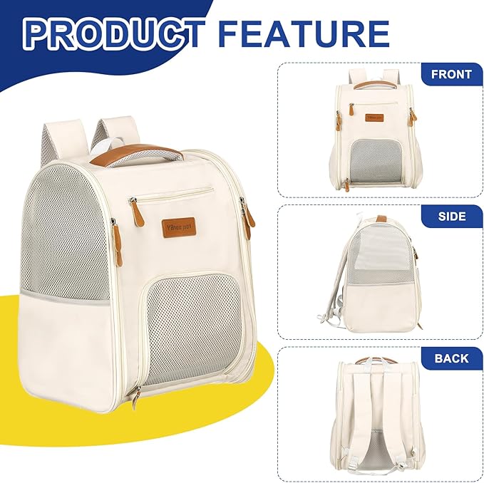 Pet Backpack Carrier, Portable and Ventilated, Oxford Cloth, Dogs Cats and Little Animals Travel Bag 12.6", (Beige, 1 Pcs), Intended for Hiking/Camping/Traveling