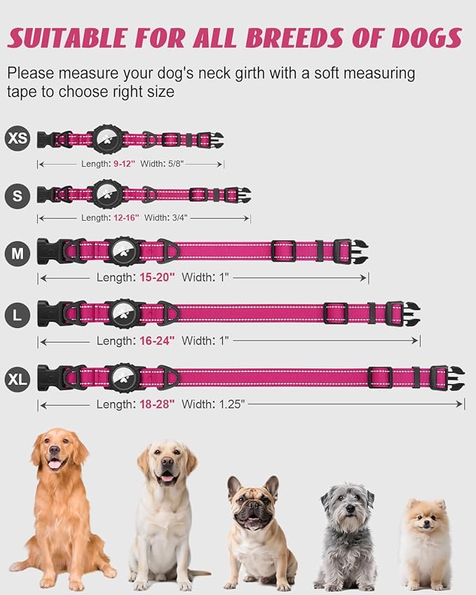 Joytale Airtag Dog Collar, Reflective Pet Collar with Waterproof AirTag Holder, Dual D-Rings, Soft Padded Adjustable for Medium Dogs, Hotpink, M
