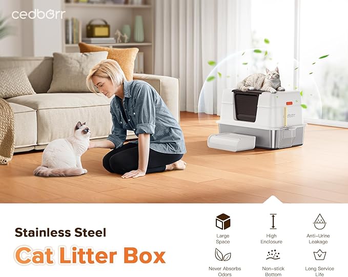 Stainless Steel Cat Litter Box with Lid,Large Enclosed High Side Metal Cat Litter Box with Pedals Suitable for Big Cats,Non-Sticky,Odor-Free,Easy to Clean ，Anti-Leakage(Silver)