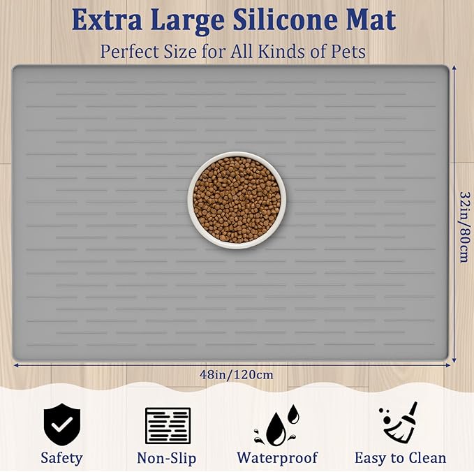 48"x32" Extra Large Pet Food Mat, 1.5MM Super Thick Silicone Dog Mats for Food and Water, XXXL Nonslip Pet Feeding Mats for Floors,Dog Cat Bowl Mat with Raised Edges, Brown