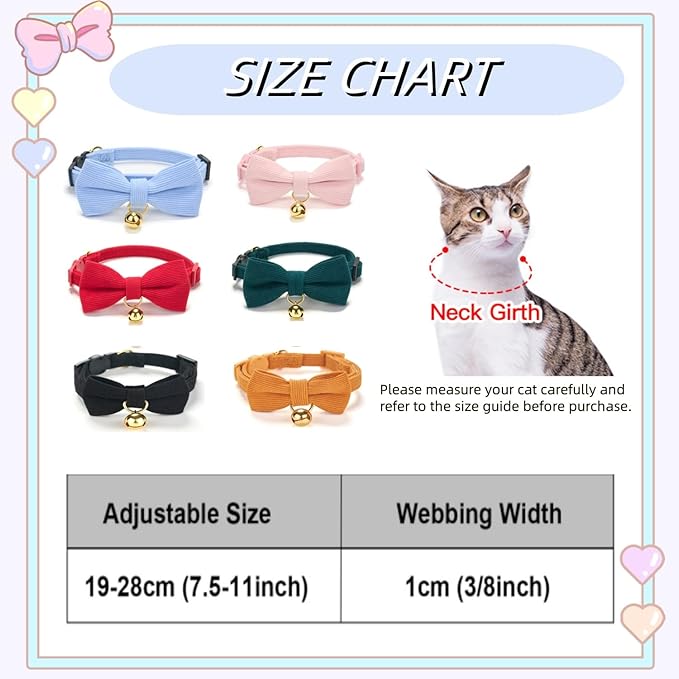 Soft Corduroy Cat Collar with Bell and Bowtie, Safety Breakaway Clasp, Adjustable for Kitten and Cats Blue Color.