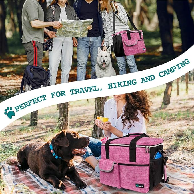 PetAmi Dog Travel Bag - Travel Pet Organizer with Food Container and Bowls, Perfect for Weekend Camping or Gifting - Pink, Medium