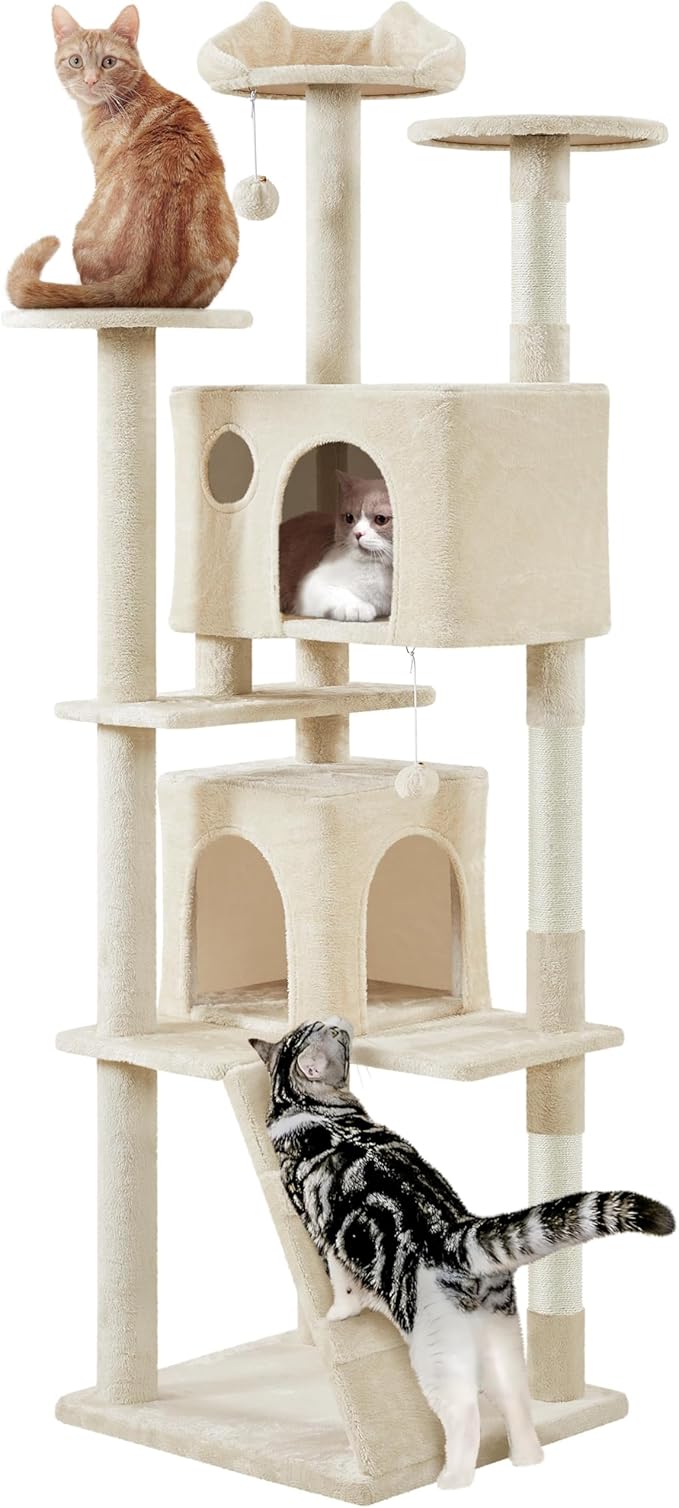Yaheetech XL Cat Tree, 80in Multi-Level Cat Tower w/Scratching Posts, Double Condo, Perched Platforms and Dangling Balls, Pet Stand House for Kittens, Beige