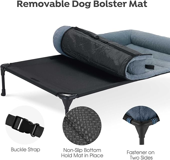 Veehoo Orthopedic Elevated Dog Bed with Fluffy Plush Bolster Cushion, Indoor Raised Dog Beds for Large Dogs, Soft Pet Sofa Cot with Removable Washable Mat, No-Slip Feet, 32 x 25 inches, Haze Blue