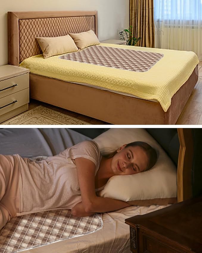 Non-Slip Bed Pads for Incontinence Washable (34" x 36"|2 Pack), Waterproof Bed Pads, Brown Grid, Bed Wetting Pads for Bed, Sofa, Floor, Resuable Underpads for Adults, Seniors, Pet