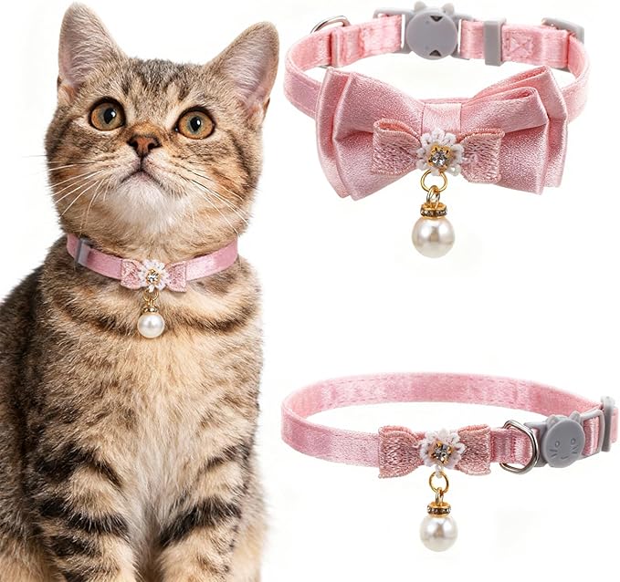 2 Pack Pink Cotton Cat Collars for Girl Cats, Cute Pearl Bow Kitten Collar Breakaway Safety Buckle Cats Pet Collars Adjustable from 7.9 to 11.8 Inches