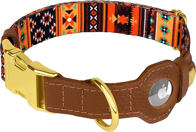 AirTag Dog Collar for Small Medium Large Breed - Adjustable Cute Pattern Dog Collar with Airtag Holder - Soft Leather Tracker GPS Apple Air Tag Pet Collars (Large, 17"-21" Neck Fit, Western)