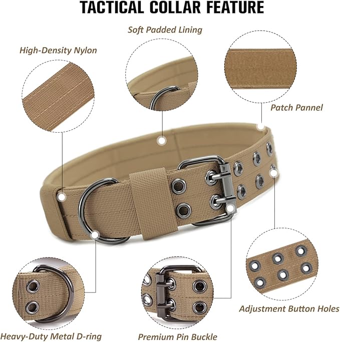 Tactical Dog Collar Military Adjustable Dog Collars Soft Nylon Training Collar with Patch Heavy Duty Metal Buckle Collars for Medium Large Dogs (Brown, XL)