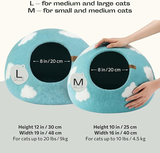 MEOWFIA Cat Cave – Premium Felt Cat Bed for Indoor Cats, Handmade Merino Wool (Cloud Nap Blue, Medium)