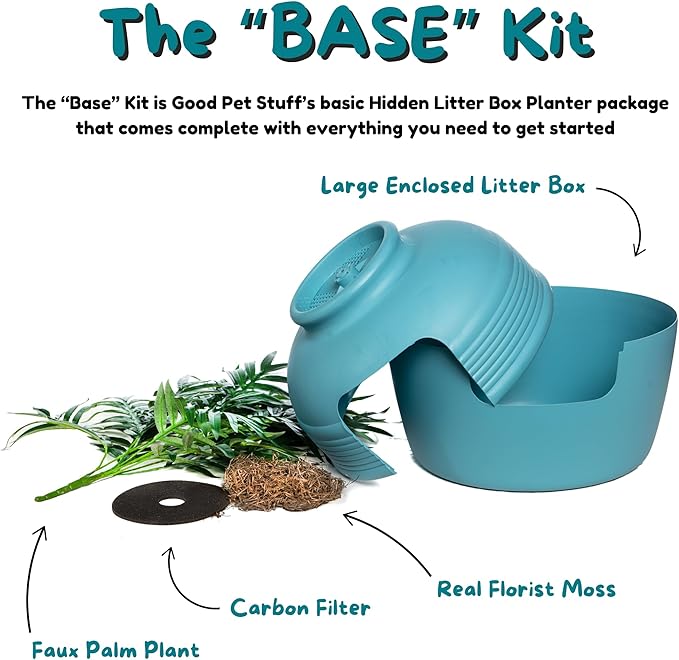 Good Pet Stuff Hidden Litter Box Planter, Decorative Cat Litter Enclosure with Carbon Filter, Artificial Plant, Easy Clean, Indoor Design, Original Round Style, Base Kit, Caribbean Blue