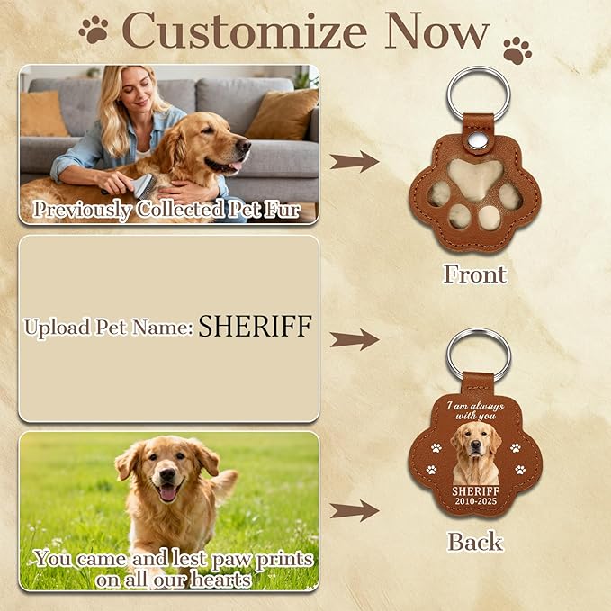 Eunigem Personalized Pet Hair Keychain for Dogs Cats-Custom Paw Keychains for Dog Hair-Shaped Leather Keychain,Pet Memorial Gifts Remembrance Accessory Refillable Keepsake for Bag or Key (Color-2)
