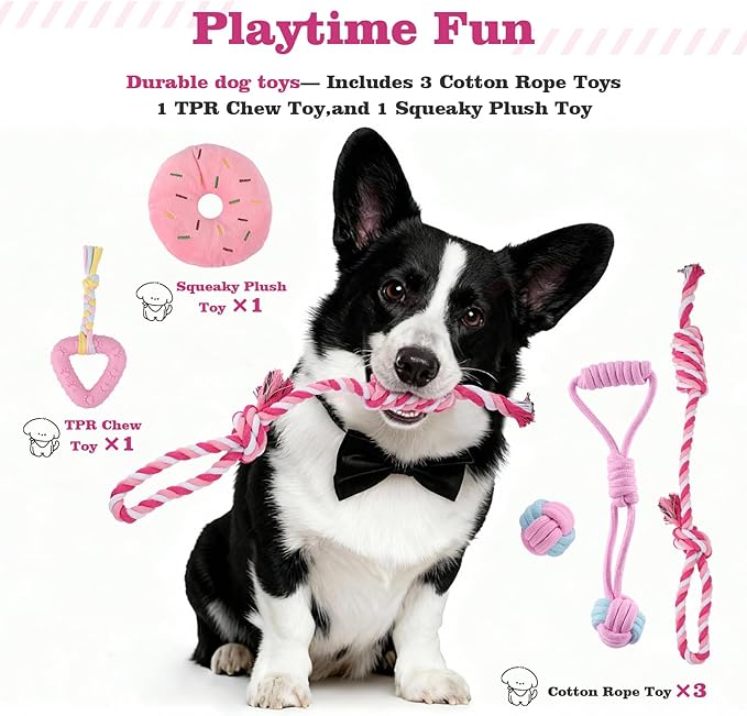 Puppy Supplies Starter Kit – Puppy Essentials and Dog Stuff Set for Small Dogs, Includes Bowls, Toys, Toothbrush, Treat Pouch and More, Welcome Home Gifts for Your New Puppies - Pink