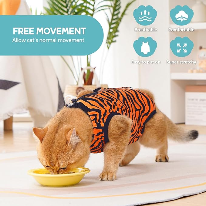 Avont Cat Recovery Suit - Kitten Onesie for Cats After Surgery, Cone of Shame Alternative Surgical Spay Suit for Female Cat, Post-Surgery or Skin Diseases Protection -Tiger(S)