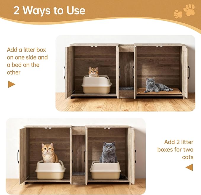 Cat Litter Box Enclosure Furniture - Hidden Litter Box Double Cabinet with Scratch Pad & Cats Bed | Farmhouse Style End Table for Cats | Discreet Cat Washroom for Living Room & Bedroom Grey