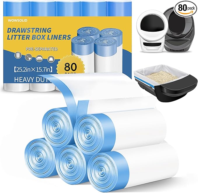 80 Count Cat Litter Box Liner for Automatic Cat Litter Box and Litter Box Robot 5/4/3, Heavy-Duty Tear-free Drawstring Receptacles Bags Thickened Waste Bags, 25.2 x 15.7 IN