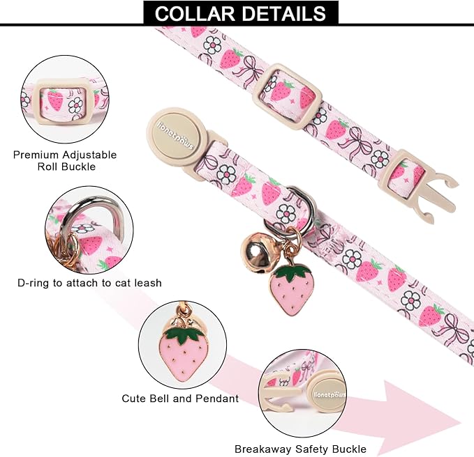 Lionet Paws 2pcs Pack Cotton Cat Collar,Breakaway Buckle with Floral Strawberry Bow and Flower Pendant Cute Adjustable Cat Kitten Collar,Ideal for Girl Cats