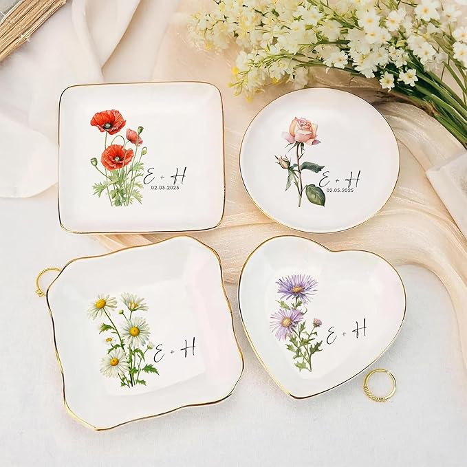 Personalized Floral Jewelry Dish, Engaged Ring Dish, Custom Trinket Dish Engagement Gift for Newly Engaged Couple, Mr and Mrs Ring Dish Just Married Valentines Gifts Keepsake