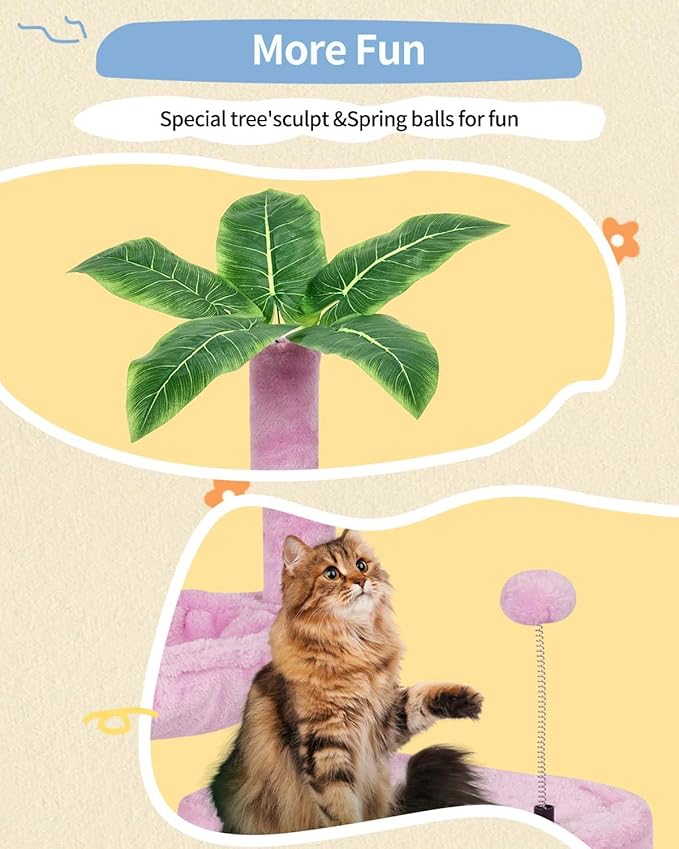KIYUMI Cat Tree Cat Tower Condo with Sisal Scratching Post for Indoor Cats Tree Furniture with Hammock Perch and Kitten Ball Toys, Multi-Level Pet Activity Center Pink