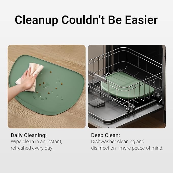 DownyPaws Cat Food Mats for Floors Waterproof, BPA Free Silicone Pet Feeding Mat, Non-Slip Pet Food Mat with High Raised Edge, Cat Placemat for Messy Drinkers, 18"×12.5", Sage