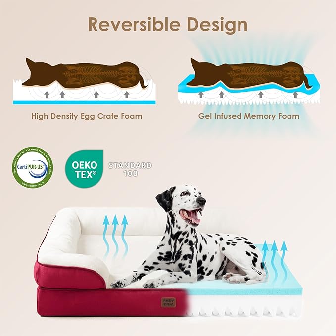 EHEYCIGA Orthopedic Dog Beds for Large Dogs, Waterproof Memory Foam Large Pet Bed with Sides, Non-Slip Bottom and Egg-Crate Foam Dog Couch Bed with Washable Removable Cover,Red