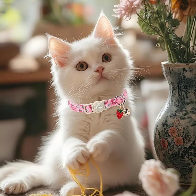 2 Pack Strawberry Cat Collars - Cute Girly Pink Breakaway Cat Collar with Bell & Matching Pendant, Adjustable Spring Summer Sweet Garden Kitten Collars for Girl Cats