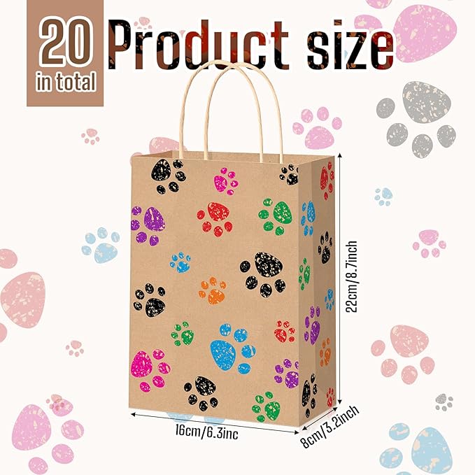 Blulu 20 Pcs Puppy Dog Paw Gift Bags with Paper Twist Handles, Dog Gift Paper Paw Treat Goodie Bags for PET Treat Party Favor, 6.3 x 3.1 x 8.6 Inch(Kraft Backing)