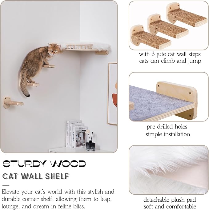 Large Cat Shelves with 3 Steps, Wall Mounted Cat Climbing Shelf with Plush Covered Bed, for Indoor Cats (Wood)