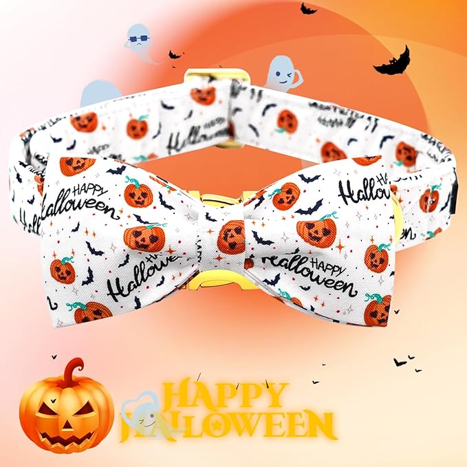 Halloween Dog Collar, Pet Collar Bow Pumpkin Pet Collar Girl Boy Holiday Collars Gift Bow Cute Soft Puppy Collars for Large Dogs