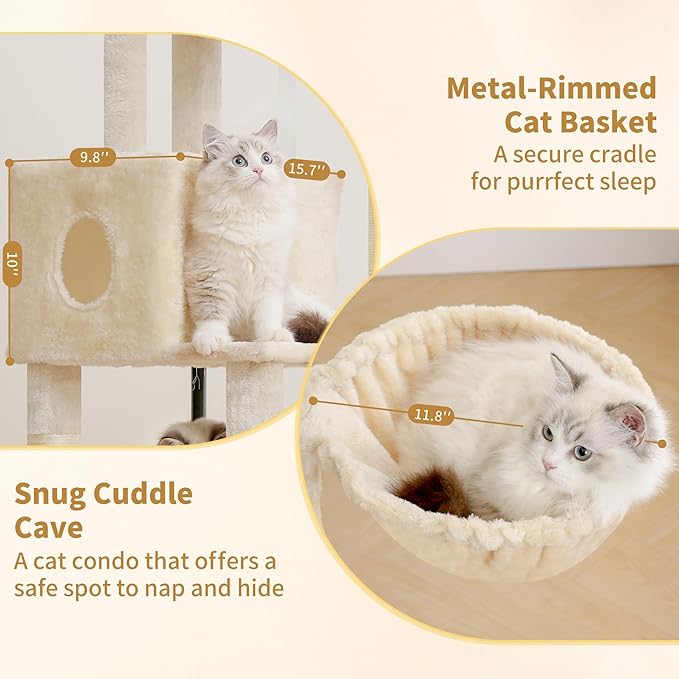 Heybly Cat Tree, 45.3-Inch Cat Tower for Indoor Cats with Large Perch, All-in-One Cat Furniture with Cozy Bed, Hidden Space Cat Condo, Comfy Hammock, Scratching Posts & 3 Pompoms, Beige HCT202SM