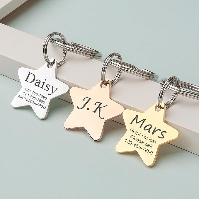 Anavia Personalized Pet ID Tags, Stainless Steel Glossy Laser Engraved Dog Cat Collar Name Tags, Multiple Colors Shapes Sizes (Star, Regular)