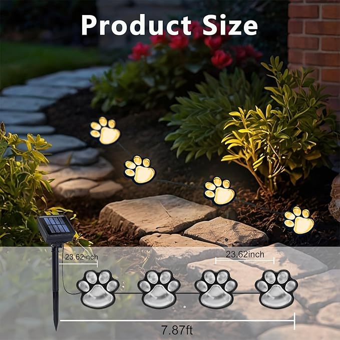 Paw Print Solar Lights - Outdoor Garden Decoration Waterproof, Cat Dog Animal Set (4), Pet Cemetery, Grave Memorial, Gifts for Pet Lovers (Warm White)