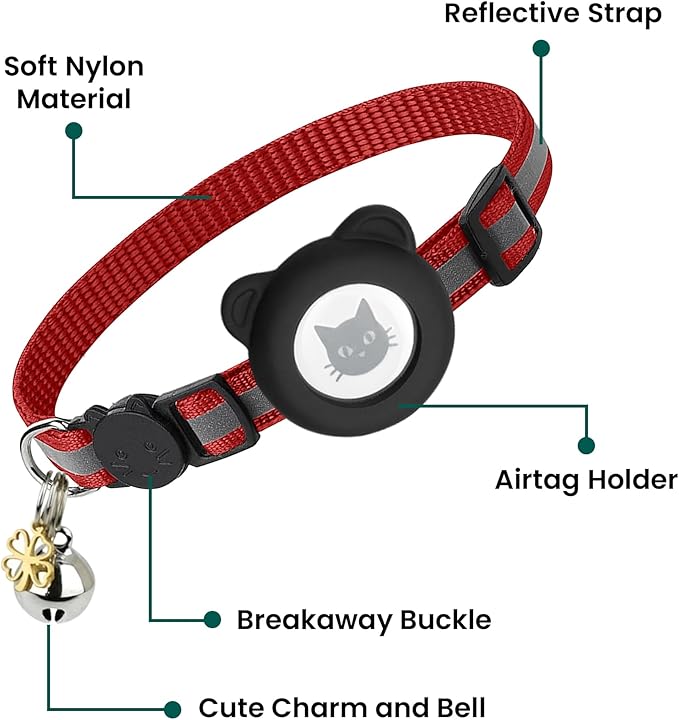 Cat Collar with AirTag Holders, 3-Pack, Reflective Breakaway Safety Collars, Bells and Matching Charms, Adjustable, Paw Hearts, Moon Stars Design, Lucky Charm, Red